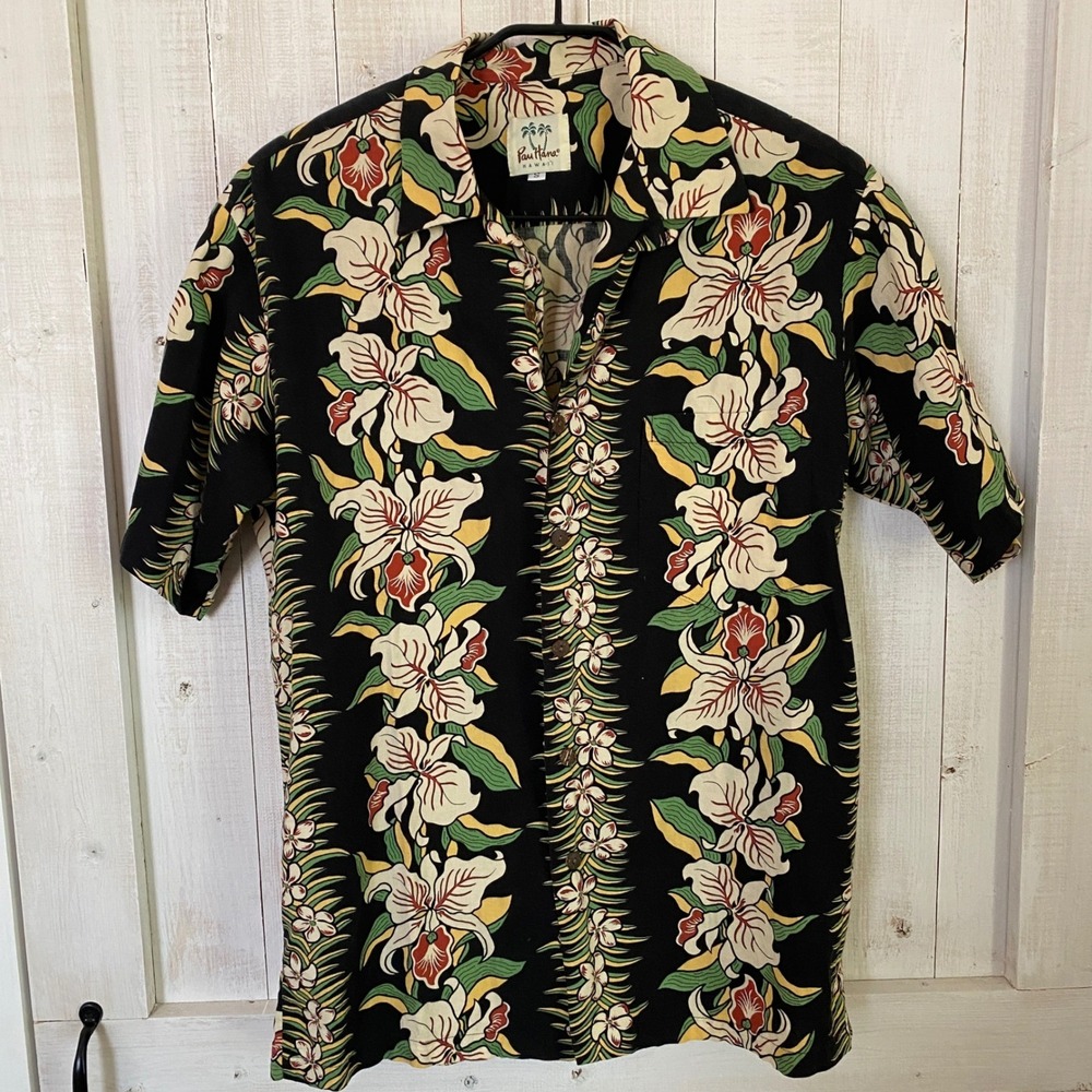 Pau‎ Hana Hawaii Mens Small Black Floral Orchid Lei Print Aloha Camp Shirt S